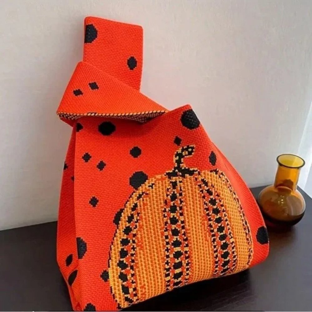 Knitted Pumpkin Woven Handbag Orange Red - Picture 2 of 4
